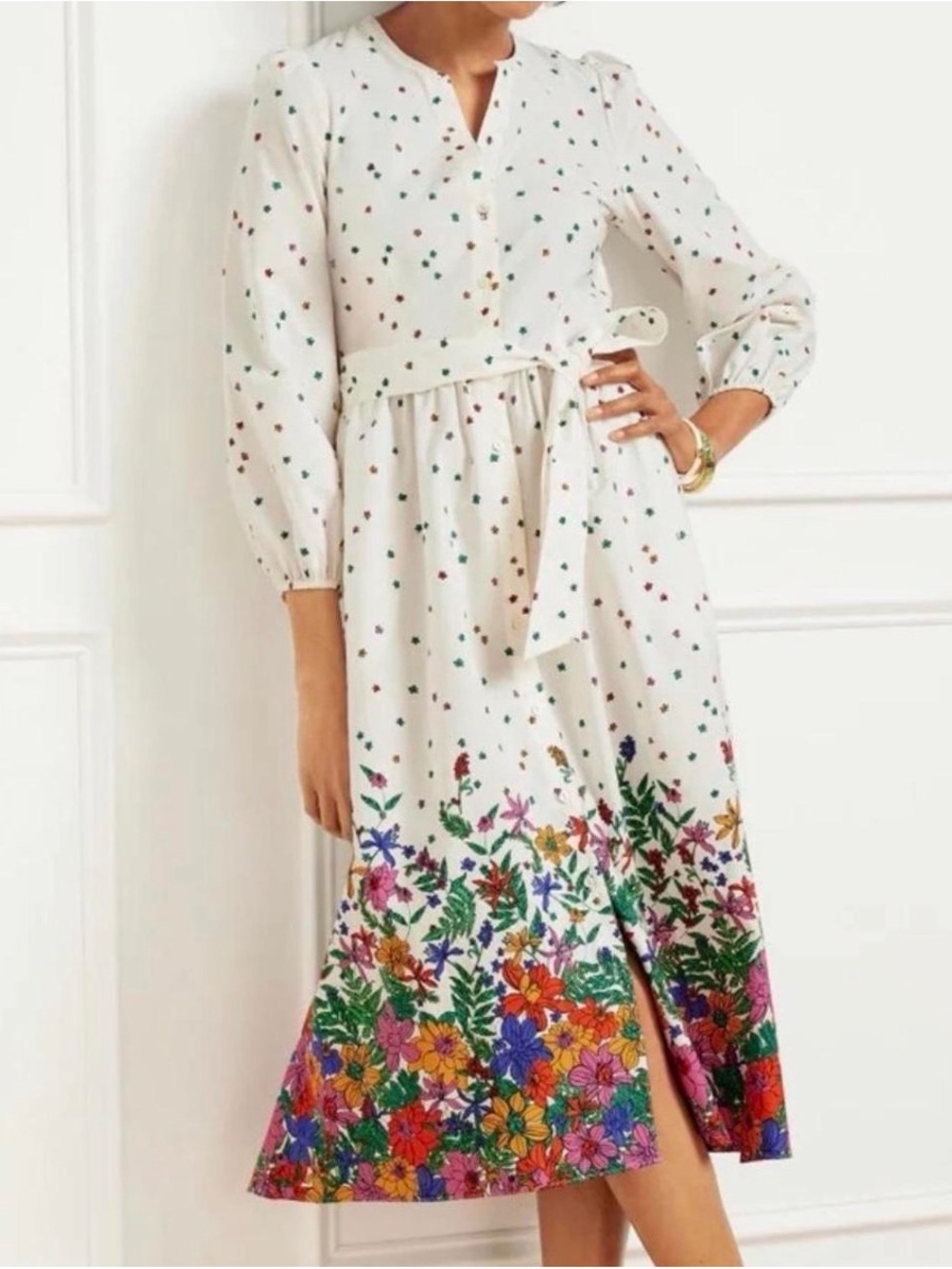 Talbots White Maxi Dress with Multicolor Floral Border 100% cotton